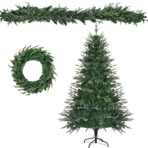 6FT Pre-Lit Aspen Fir Artificial Christmas Tree with Wreath & Garland,Grass Green Xmas Tree with 380 Multi-Color LED Lights, 11 Lighting Modes - 1 of 4