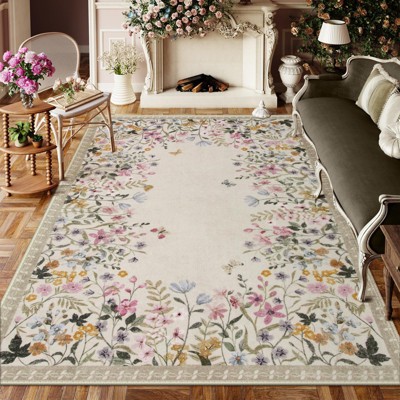 Lahome Short Velvet Geometric Floral Floor Mat-Natural Bio-Printed Soft Rug for Living Room, Bedroom, or Entryway