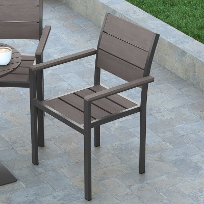 Gray Faux Teak Poly Slat Outdoor Dining Chair with Black Metal Frame