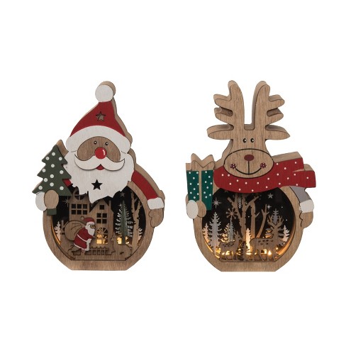 Transpac MDF Light Up Laser Cut Short Santa & Reindeer Set of 2 Christmas Home Decorations - image 1 of 1