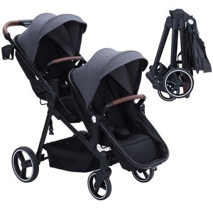 Double Stroller Track Tandem Stroller, Foldable Pushchair Bassinet Pram, Multi-Position Reversible & Adjustable Backrest - 1 of 4