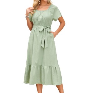 INSPIRE CHIC Women's Summer Flutter Short Sleeve Scoop Neck Tiered Flowy Tie Waist A-Line Midi Dress X-Large Light Green