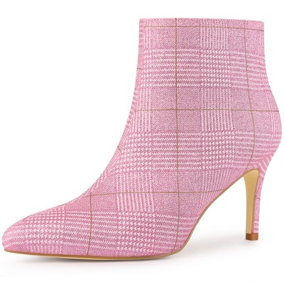 Allegra K Women's Plaid Pointed Toe Side Zip Stiletto Heel Ankle Boots