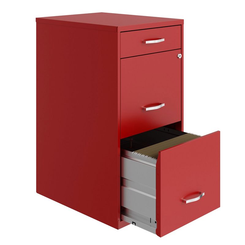 Space Solutions 18 Inch Wide Metal Organizer File Cabinet for Office Supplies and Hanging File Folders w/ Pencil Drawer & 3 File Drawers, Red, 4 of 7