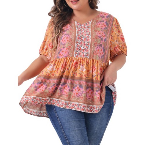 Agnes Orinda Women's Plus Size Boho Floral Print V Neck Short Sleeve ...