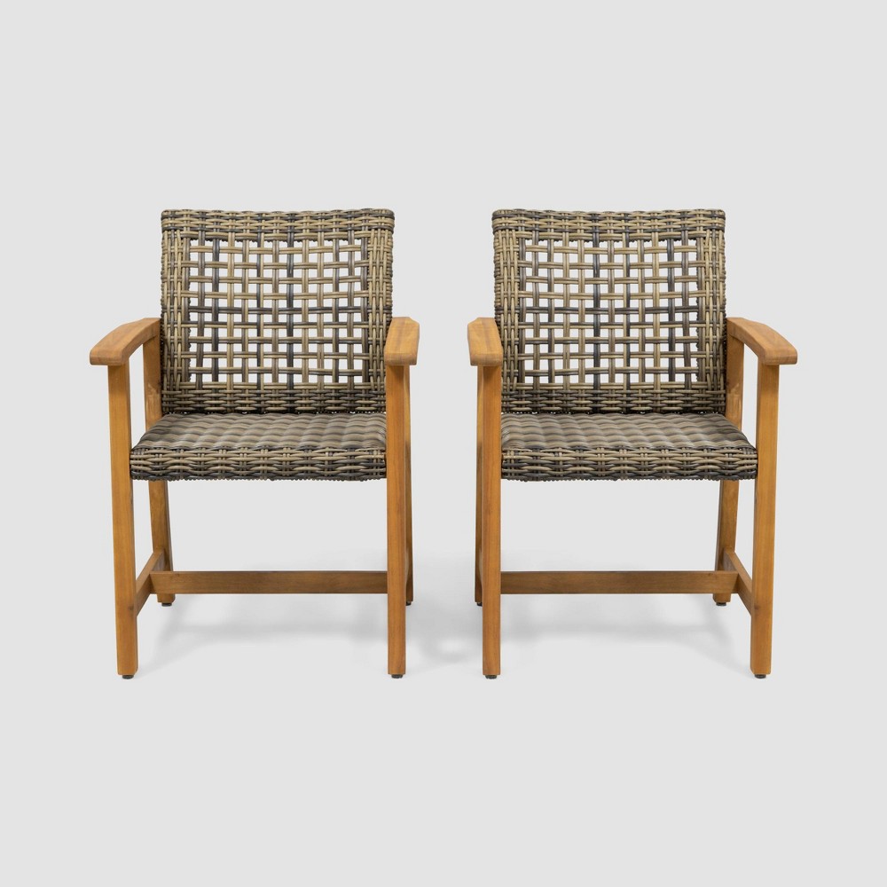 Hampton 2pk Acacia Wood & Wicker Dining Chairs: Weather-Resistant Patio Seating - Christopher Knight Home
