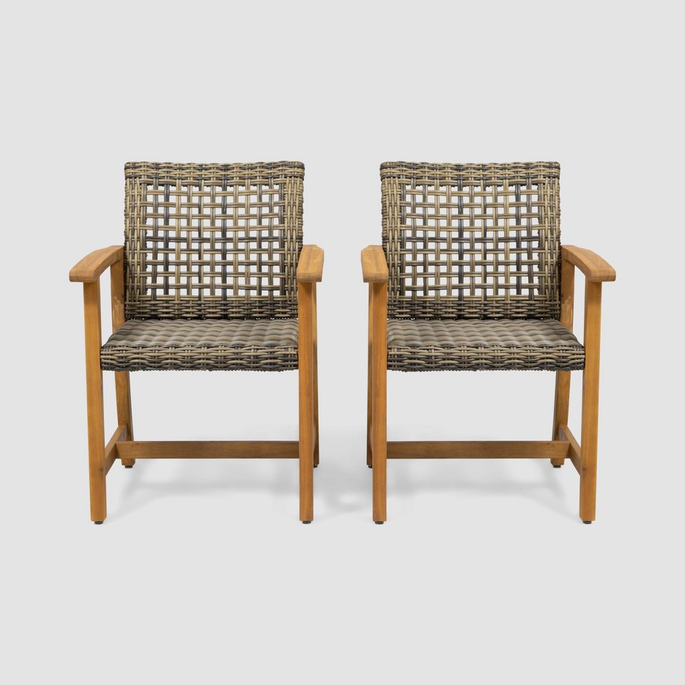 Photos - Garden Furniture Hampton 2pk Acacia Wood & Wicker Dining Chairs: Weather-Resistant Patio Se