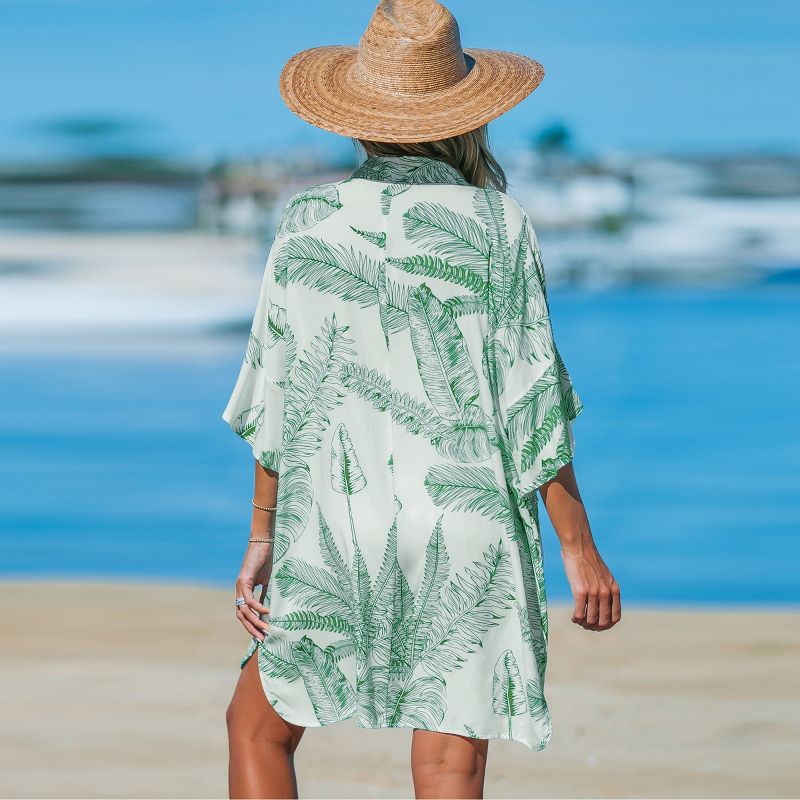 Women's Green-and-White Palm Leaf Collared V-Neck Cover-Up Dress - Cupshe, 4 of 6