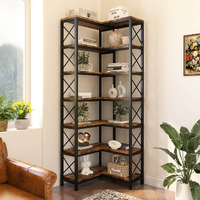 Hommoo 78.7”Tall 7 Tier Industrial Corner Bookshelf Brown
