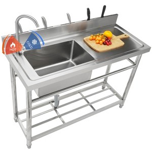 VEVOR Stainless Steel Utility Sink, 1 Compartment Free Standing Small Sink w/Workbench Faucet & legs, 39.4 x 19.1 x 37.4 in Single Bowl Sinks, Silver - 1 of 4
