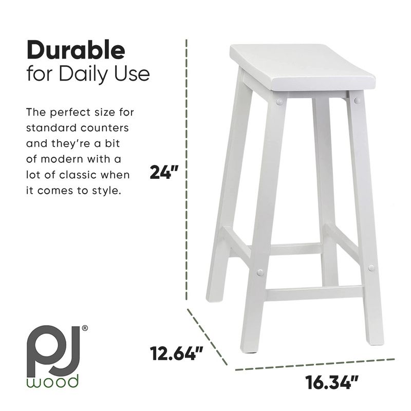 PJ Wood Classic Modern Solid Wood 24 Inch Tall Backless Saddle-Seat Easy Assemble Counter Stool for All Occasions, White (Set of 2), 3 of 7