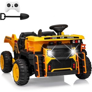 24V Kids Ride On Dump Truck with R/C, 2 Seater Electric Car with Electric Dump Bed & Shovel, Music Player, Soft Start, 19" Spacious Seat, Yellow - 1 of 4
