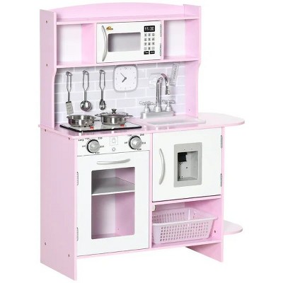 Kids Play Kitchen Set with Realistic Sound Effects, Stove Lights, Water Dispenser and Storage for Toddlers Girls Boys 3-6 Years Old, Pink