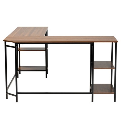 Lydia Modern Walnut Brown Wood L-Shaped Corner Desk with Metal Frame
