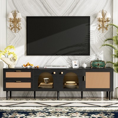 Clihome Rattan TV Stand, Rattan-inspired Media Console Table for TVs up to 80'', LED Light Entertainment Center, TV cabinet for Living Room