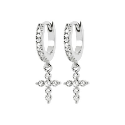 Saint Roman Sterling Silver Hoop Earrings with Zirconium Oxide, Rhodium Plated, 0.65" x 0.65"