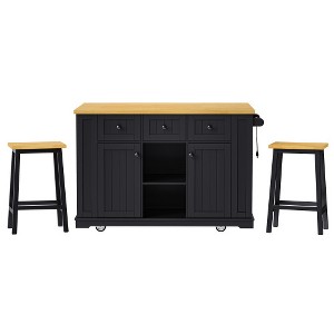 Ridstar 53 in. W Large Kitchen Island with 2 Bar Stools, 5 Open Side Racks & 3 Drawers For Kitchen-Black - 1 of 4