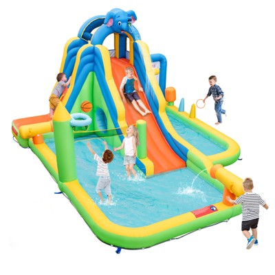 Tangkula Inflatable Water Slide 9-in-1 Blow-up Water Park for Kids with Splash Pool Climbing Wall Water Guns Basketball Toss