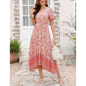 Coolmee Women's Boho  Dress High Waisted Beach Short Sleeve Dress Casual Floral V Neck Maxi Dress - 1 of 4