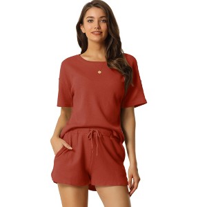 cheibear Women's Casual Pullover Short Sleeve Sleepshirt with Shorts Waffle Pajama Sets - 1 of 4