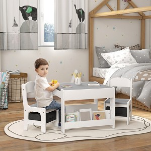 VYNXARIA 3 PC Kids Table and Chair Set, 2 in 1 Toddler Table and Chair Set with Reversible Tabletop Blackboard, Storage Bookshelves for Playroom,Gray - 1 of 4