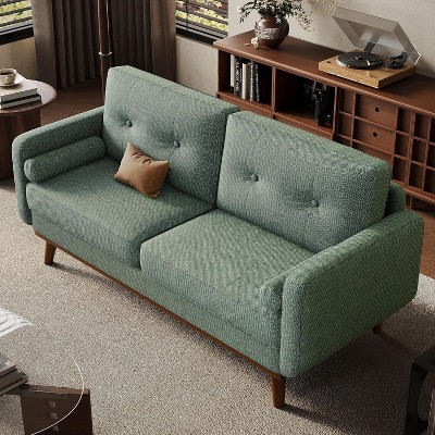 65" Loveseat Sofa, Mid Century Modern Couch Comfy Love Seat Couches for Living Room, 2 Seater Deep Seat Couch Linen Upholstered Couches Green