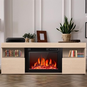 ZAFRO  59" Electric Fireplace Mantel ,Wooden Surround Free Standing TV Stand, Adjuatable Flame, Remote, 8-Hour Timer ,750W-1500W, Lightoak - 1 of 4