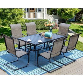 7pc Patio Dining Set with Rectangle Table with 1.57" Umbrella Hole & Steel C-Spring Arm Chairs - Captiva Designs