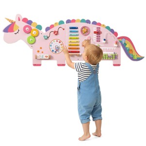 Angel Sar 11-in-1 Dinosaur Activity Wall Busy Board, Pink Wooden Sensory Toy Panels for Toddlers - 1 of 4