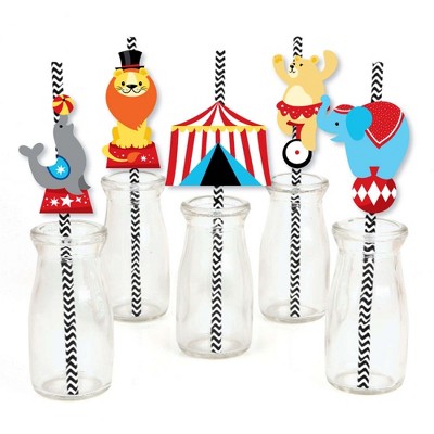 Big Dot of Happiness Carnival - Step Right Up Circus - Paper Straw Decor - Carnival Themed Party Striped Decorative Straws - Set of 24