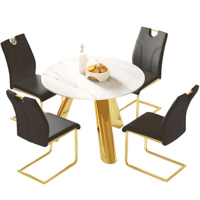 Infurnic Dining Sets Round Table Paired with Four Uniquely designed White Dining Chairs With Golden Metal Leg , White, 42"*42"*29.5"