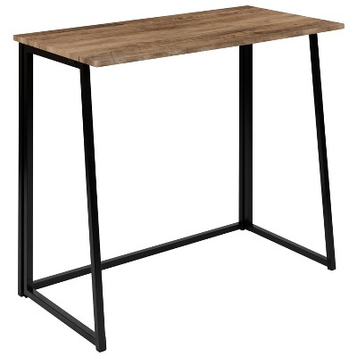 Merrick Lane Rustic Natural Folding Computer Desk with Wood Grain Finish Top and Black Folding Metal Legs