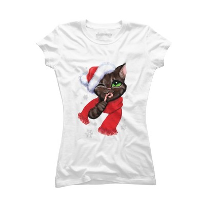 Junior's Design By Humans Christmas cat By POLINART T-Shirt