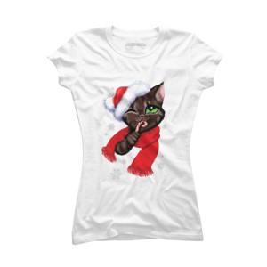 Junior's Design By Humans Christmas cat By POLINART T-Shirt - 1 of 3