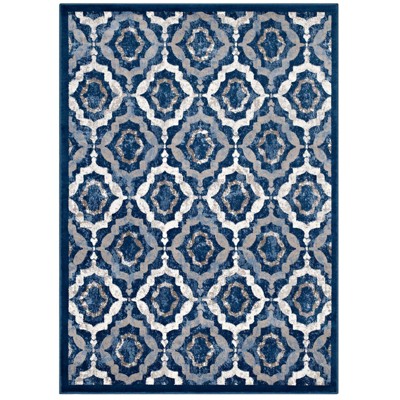 Modway Kalinda Rustic Vintage Moroccan Trellis 5x8 Area Rug in Beige, Moroccan Blue and Ivory