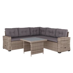 Emma and Oliver Wicker Rattan Conversation Set for Indoor/Outdoor Use with Dining Table and L-Shaped Sofa with Weather-Resistant Cushions - 1 of 4