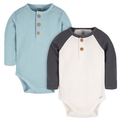 Gerber Baby Boys' Long Sleeve Onesies Bodysuits - Blue/Ivory - 6-9 Months - 2-Pack