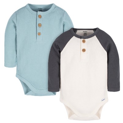 Image of Gerber Baby Boys' Long Sleeve Onesies Bodysuits - Blue/Ivory - 0-3 Months - 2-Pack
