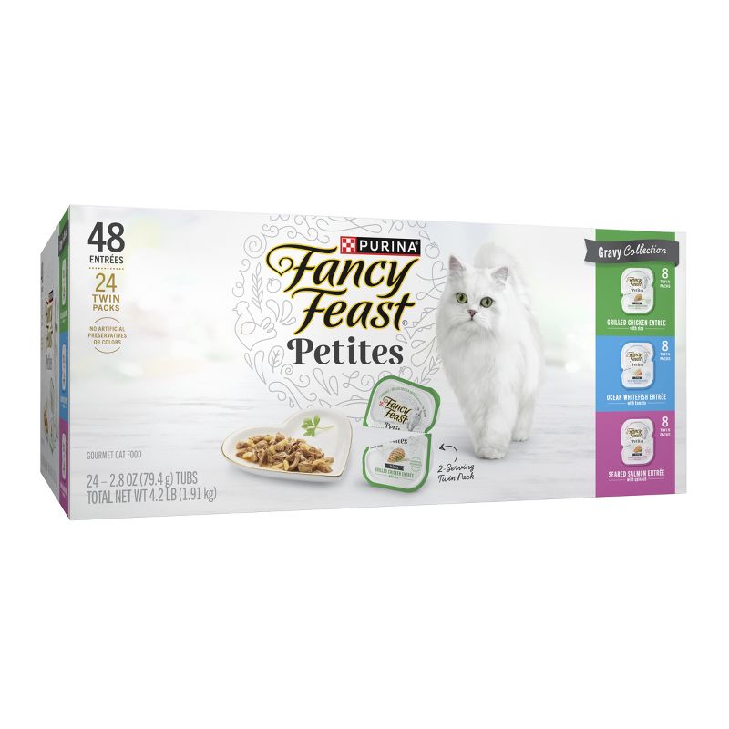 Purina Fancy Feast Petites Gourmet Collection Variety Pack Chicken, Salmon, Seafood and Fish Flavor Gravy Wet Cat Food - 2.8oz/48ct, 4 of 10