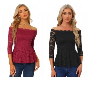 INSPIRE CHIC Women's Elegant Lace Floral Semi Sheer 3/4 Sleeve Off Shoulder Peplum Top 2 Packs - 1 of 4