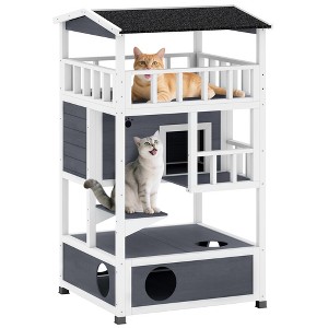 PawHut Wooden Outdoor Cat House, Feral Cat Shelter Kitten Tree with Asphalt Roof, Escape Doors, Condo, Jumping Platform - 1 of 4