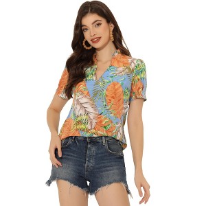 Allegra K Women's Summer Tropical Floral Printed Short Sleeve V Neck Tops - 1 of 4