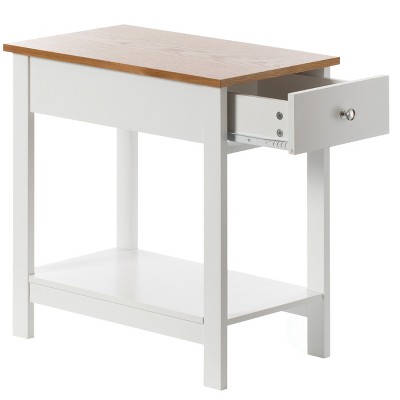 White and Light Brown Wooden Rectangular Accent Table with Drawer and Shelf