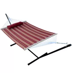 12' Steel Hammock Stand with Quilted Fabric Hammock with Matching Pillow - Red/Brown - Algoma