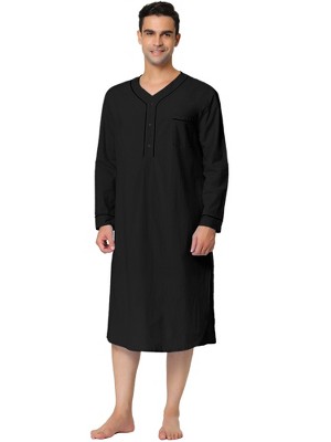 Lars Amadeus Men's Cotton Long Sleeves Chest Pocket Henley One Piece Nightgown