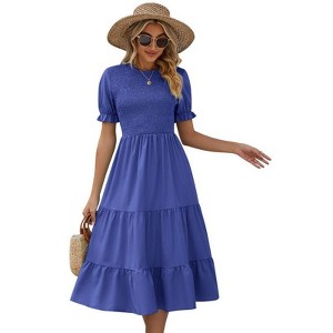 Coolmee Women's Summer Dress Casual Puff Short Sleeve Crew Neck Smocked Elastic Waist Tiered Midi Dress with Belt - 1 of 4