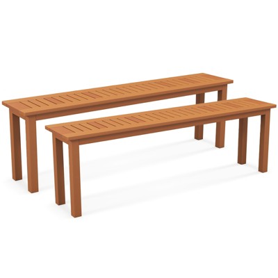 Tangkula Set Of 2 59" Outdoor Wood Bench Patio Dining Bench Backless with Teak Oil Finish & Slat Seat Accent Entryway Bench Farmhouse Bench