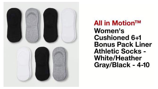 Women&#39;s Cushioned 6+1 Bonus Pack Liner Athletic Socks - All In Motion&#8482; White/Heather Gray/Black 4-10, 2 of 7, play video