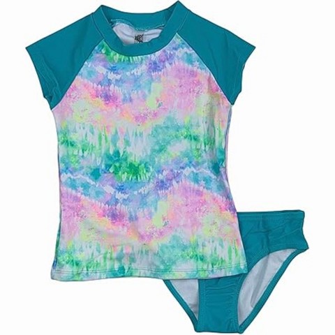 GO COCO Little Girls’ 2-Piece Rashguard Bikini Swimsuit Set, Multi Surf Tide, 4