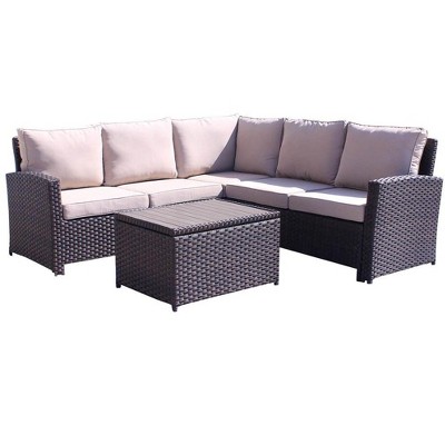 Courtyard Casual Brown Rooftop Outdoor Sofa Sectional with Cushions and Coffee Table